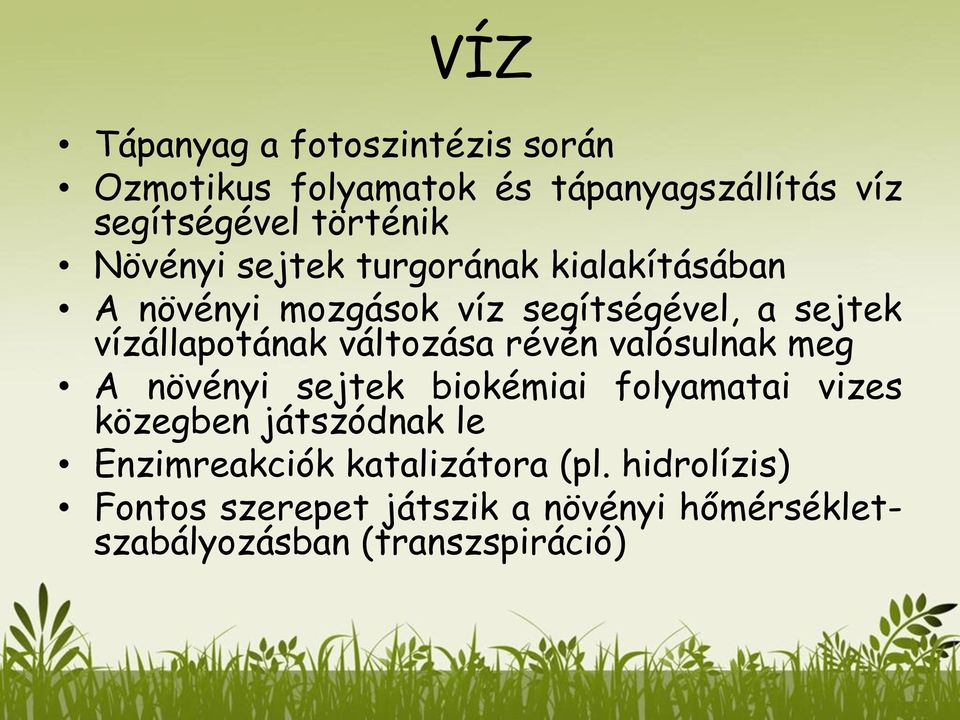 változása révén valósulnak meg A növényi sejtek biokémiai folyamatai vizes közegben játszódnak le