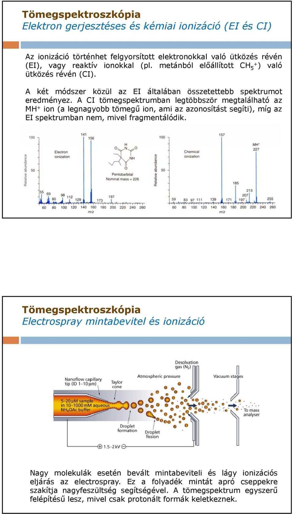 A CI tömegspektrumban legtöbbször megtalálható az MH + ion (a legnagyobb tömegű ion, ami az azonosítást segíti), míg az EI spektrumban nem, mivel fragmentálódik.