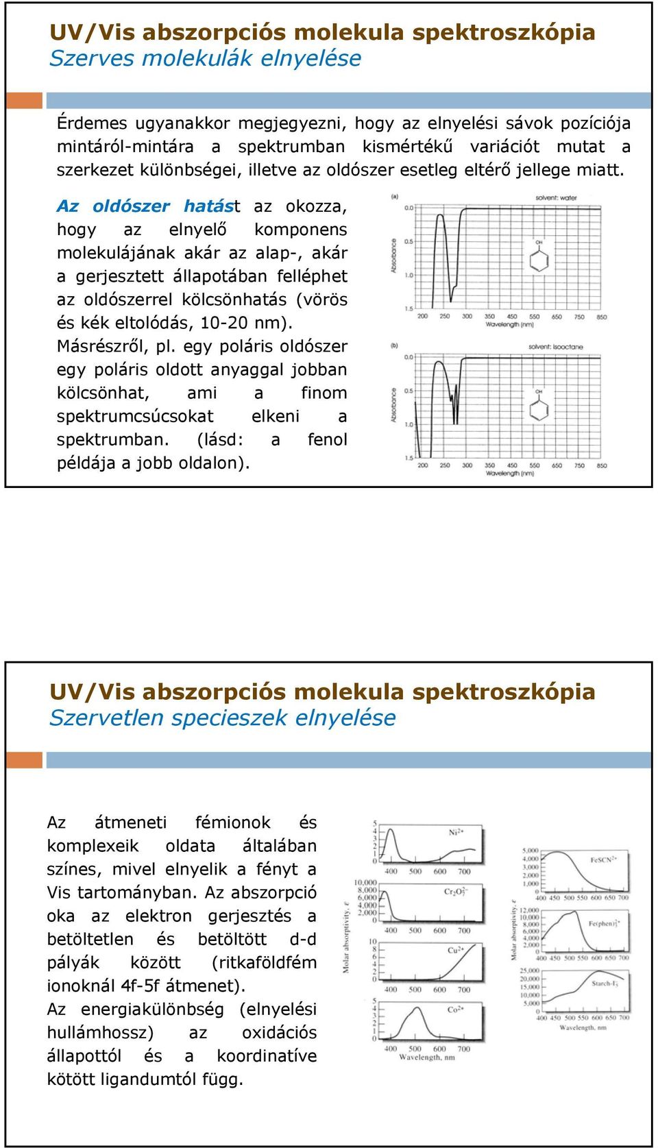 Az oldószer hatást az okozza, hogy az elnyelő komponens molekulájának akár az alap-, akár a gerjesztett állapotában felléphet az oldószerrel kölcsönhatás (vörös és kék eltolódás, 10-20 nm).