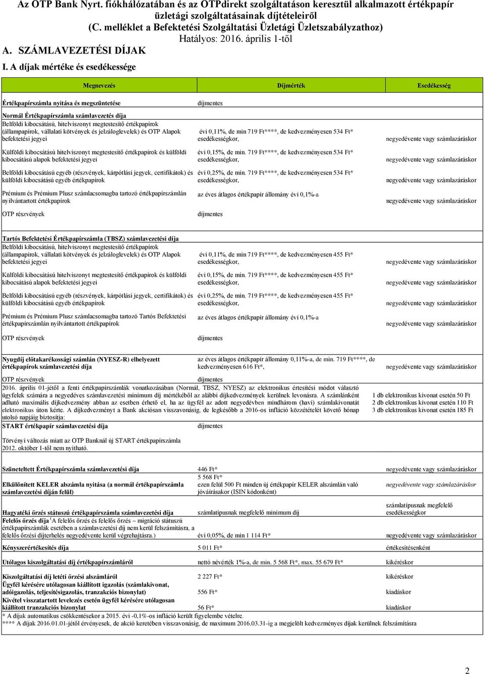 A díjak mértéke és esedékessége Megnevezés Díjmérték Esedékesség Értékpapírszámla nyitása és megszüntetése Normál Értékpapírszámla számlavezetés díja Belföldi kibocsátású, hitelviszonyt megtestesítő