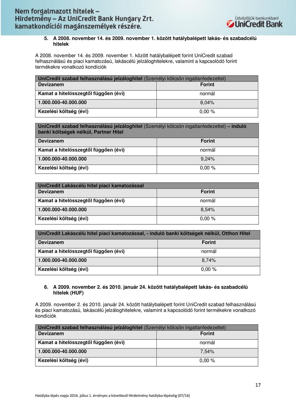 között hatálybalépett lakás- és szabadcélú hitelek A 2008.