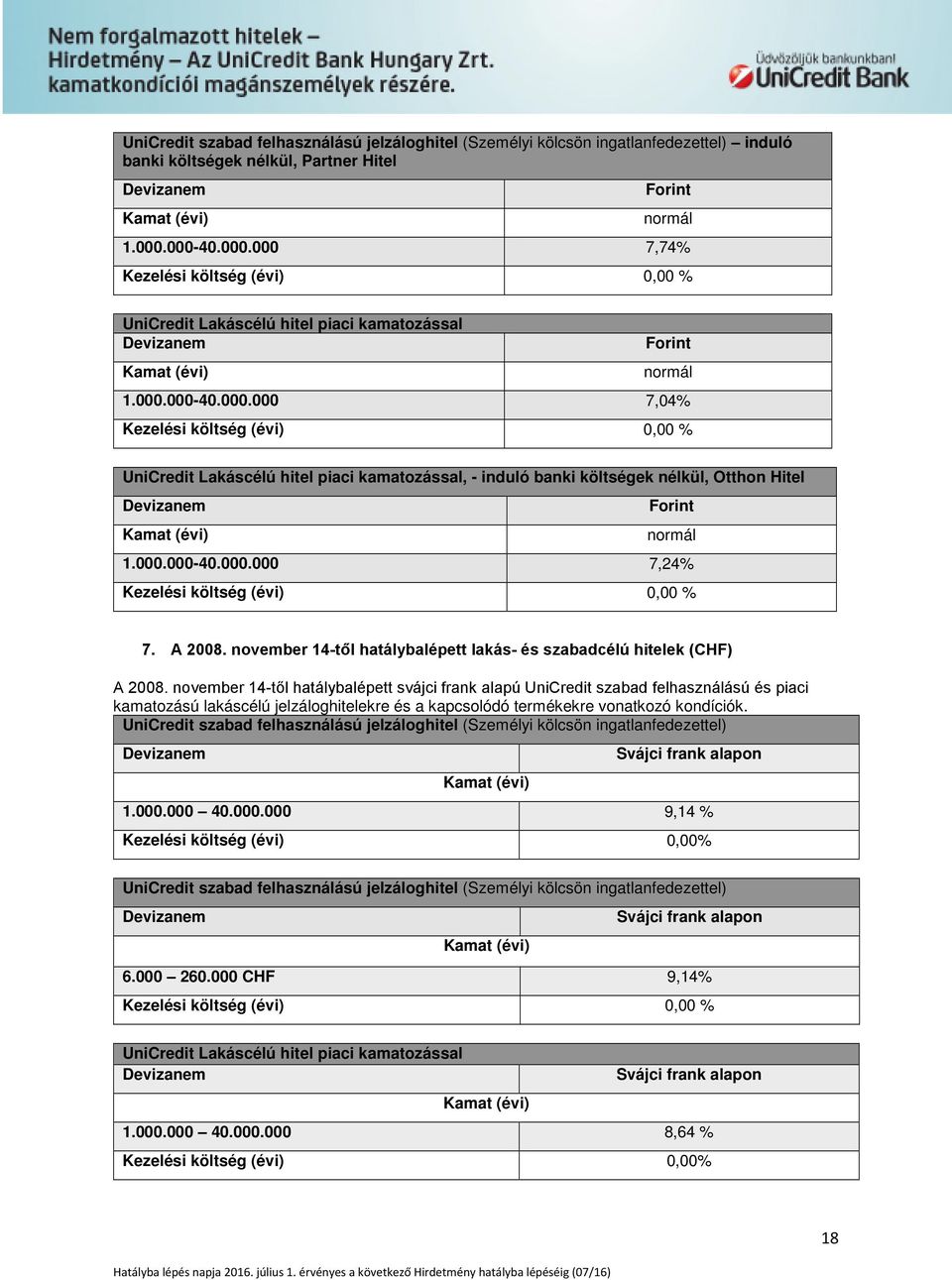 000.000-40.000.000 7,24% Kezelési költség (évi) 0,00 % 7. A 2008. november 14-től hatálybalépett lakás- és szabadcélú hitelek (CHF) A 2008.