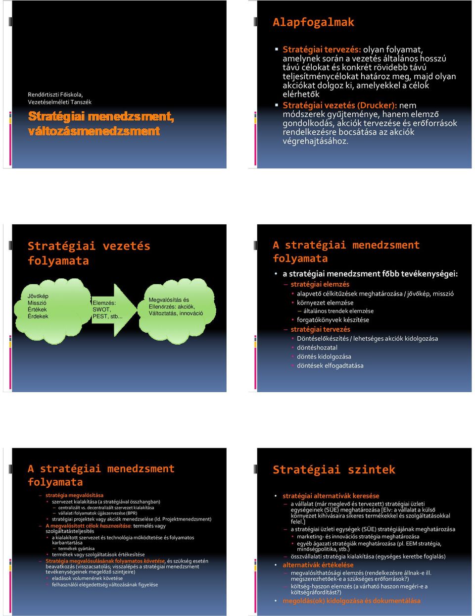 rendelkezésre bocsátása az akciók végrehajtásához. Stratégiai vezetés Jövőkép Misszió Értékek Érdekek Elemzés: SWOT, PEST, stb.