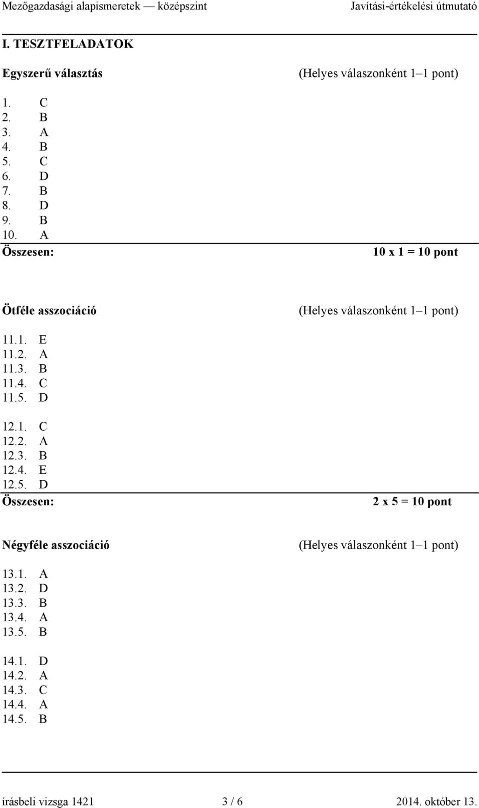 3. B 12.4. E 12.5. D 2 x 5 = 10 pont Négyféle asszociáció 13.1. A 13.2. D 13.3. B 13.4. A 13.5. B 14.