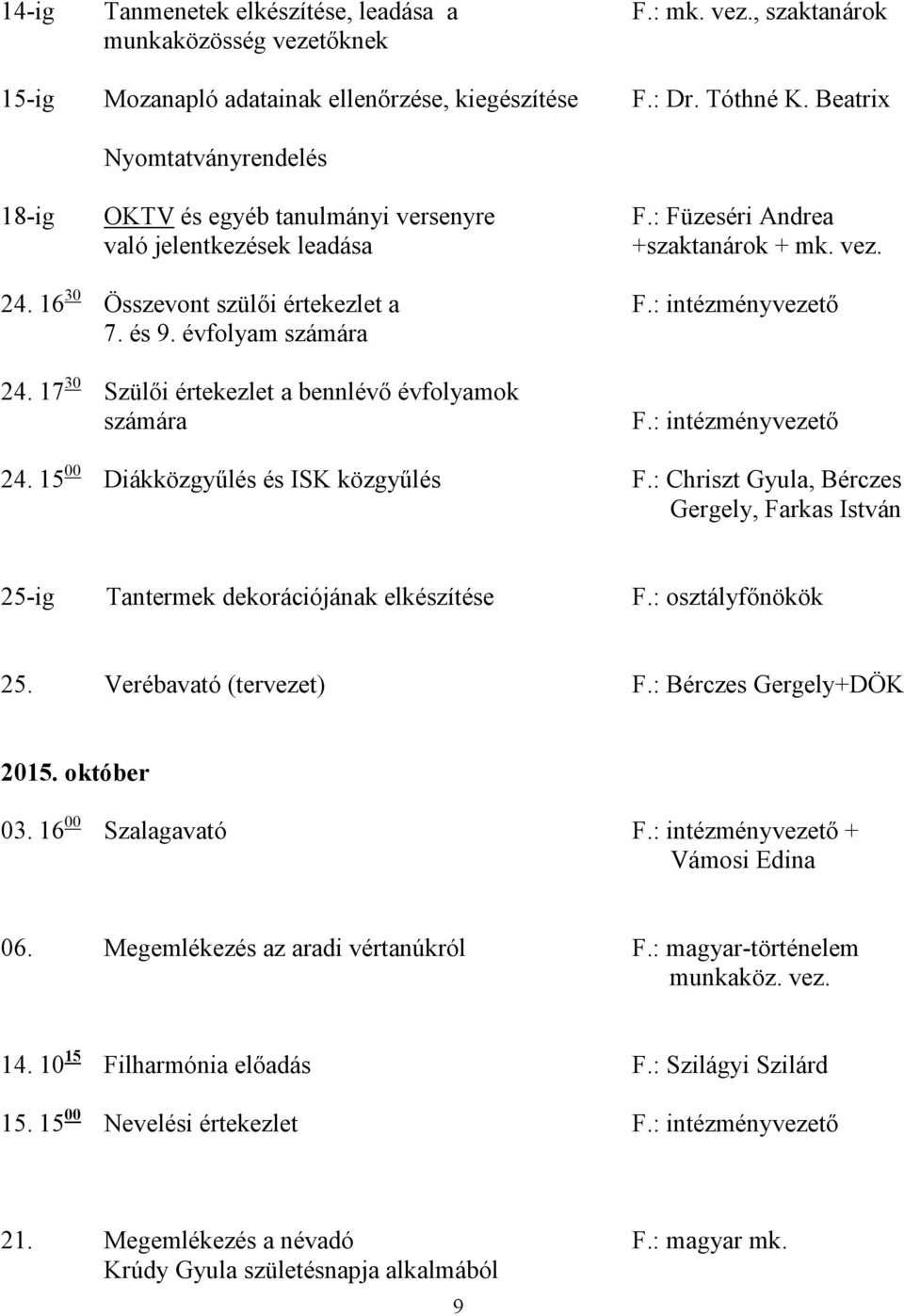 : intézményvezető 7. és 9. évfolyam számára 24. 17 30 Szülői értekezlet a bennlévő évfolyamok számára F.: intézményvezető 24. 15 00 Diákközgyűlés és ISK közgyűlés F.