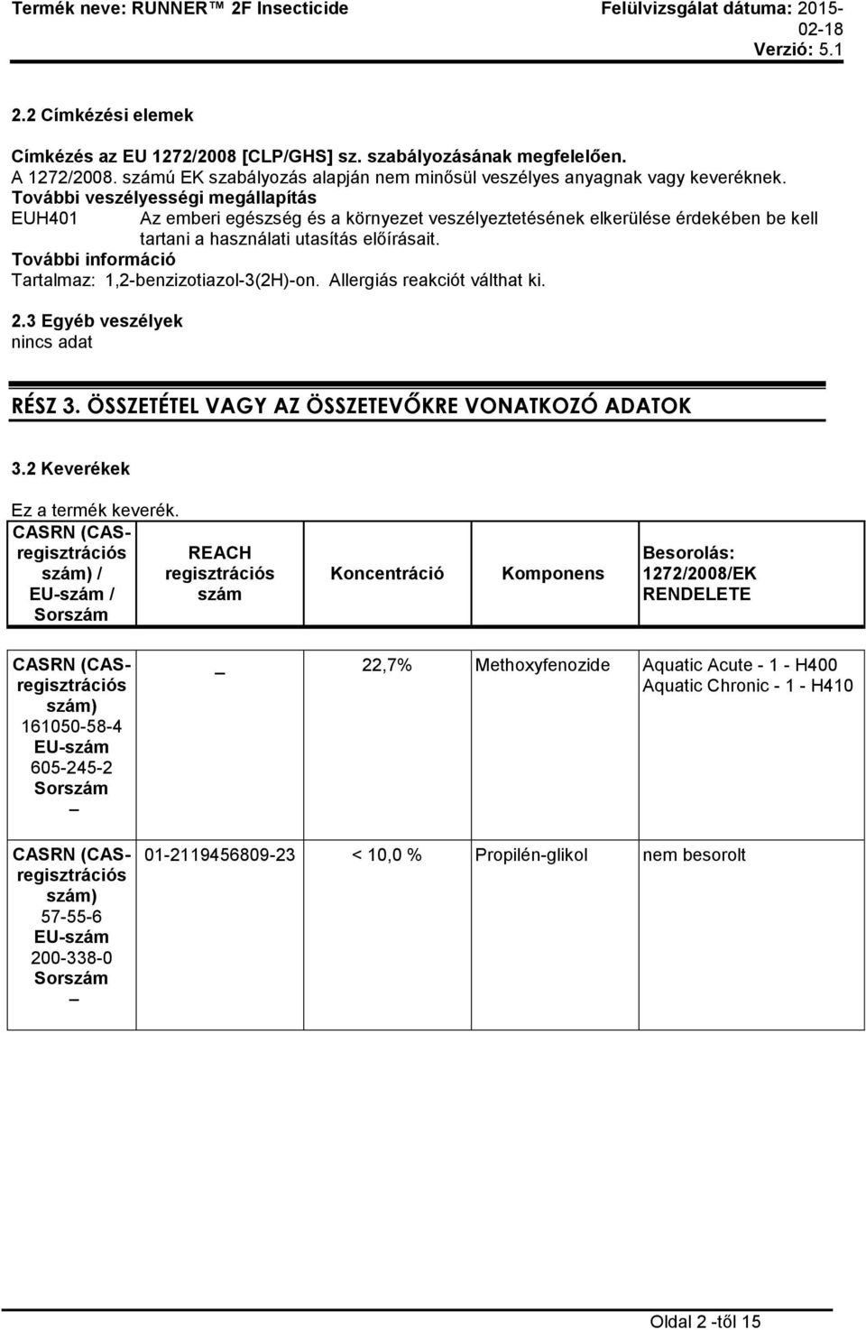 További információ Tartalmaz: 1,2-benzizotiazol-3(2H)-on. Allergiás reakciót válthat ki. 2.3 Egyéb veszélyek nincs adat RÉSZ 3. ÖSSZETÉTEL VAGY AZ ÖSSZETEVŐKRE VONATKOZÓ ADATOK 3.