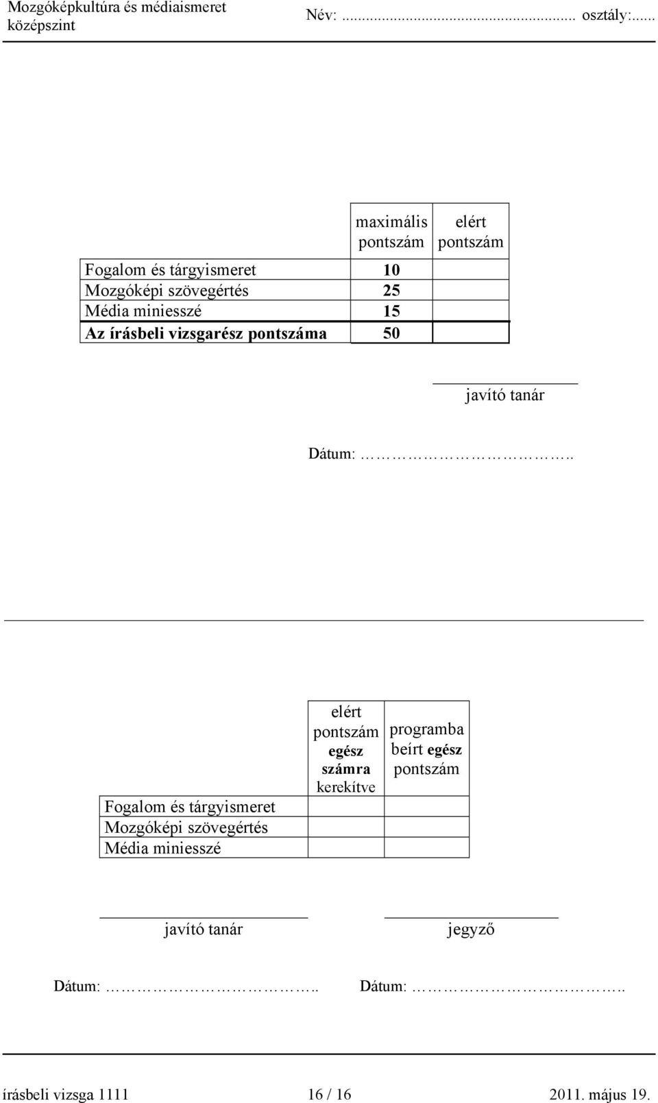 . Fogalom és tárgyismeret Mozgóképi szövegértés Média miniesszé elért pontszám egész számra