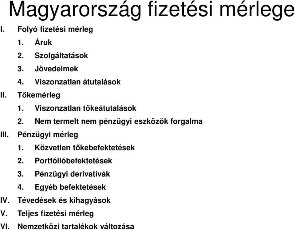 Nem termelt nem pénzügyi eszközök forgalma Pénzügyi mérleg 1. Közvetlen tőkebefektetések 2.