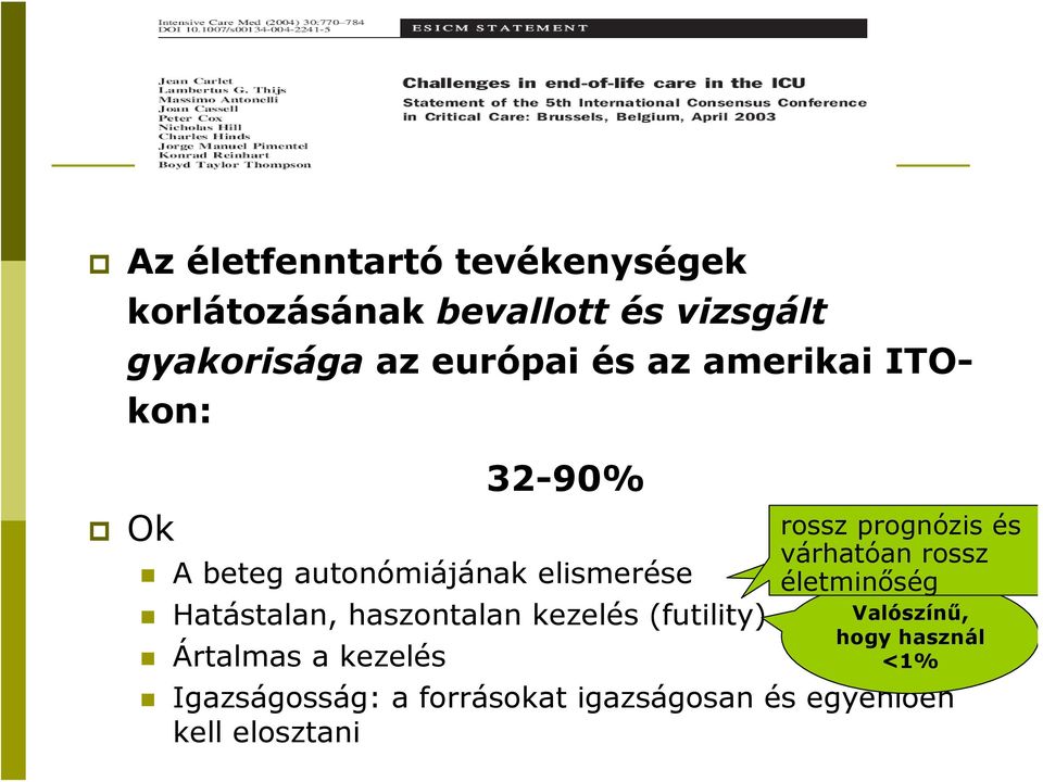 elismerése életminőség Hatástalan, haszontalan kezelés (futility) Ártalmas a kezelés