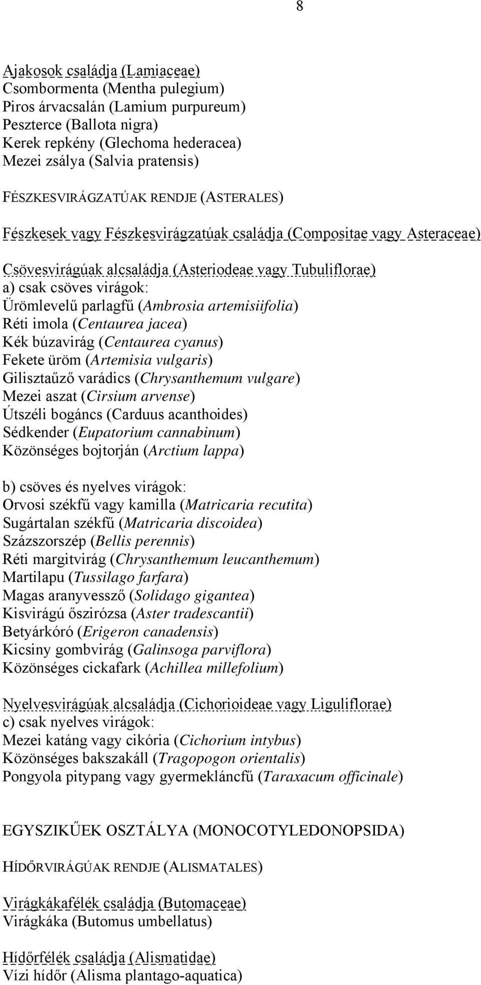 Ürömlevelű parlagfű (Ambrosia artemisiifolia) Réti imola (Centaurea jacea) Kék búzavirág (Centaurea cyanus) Fekete üröm (Artemisia vulgaris) Gilisztaűző varádics (Chrysanthemum vulgare) Mezei aszat