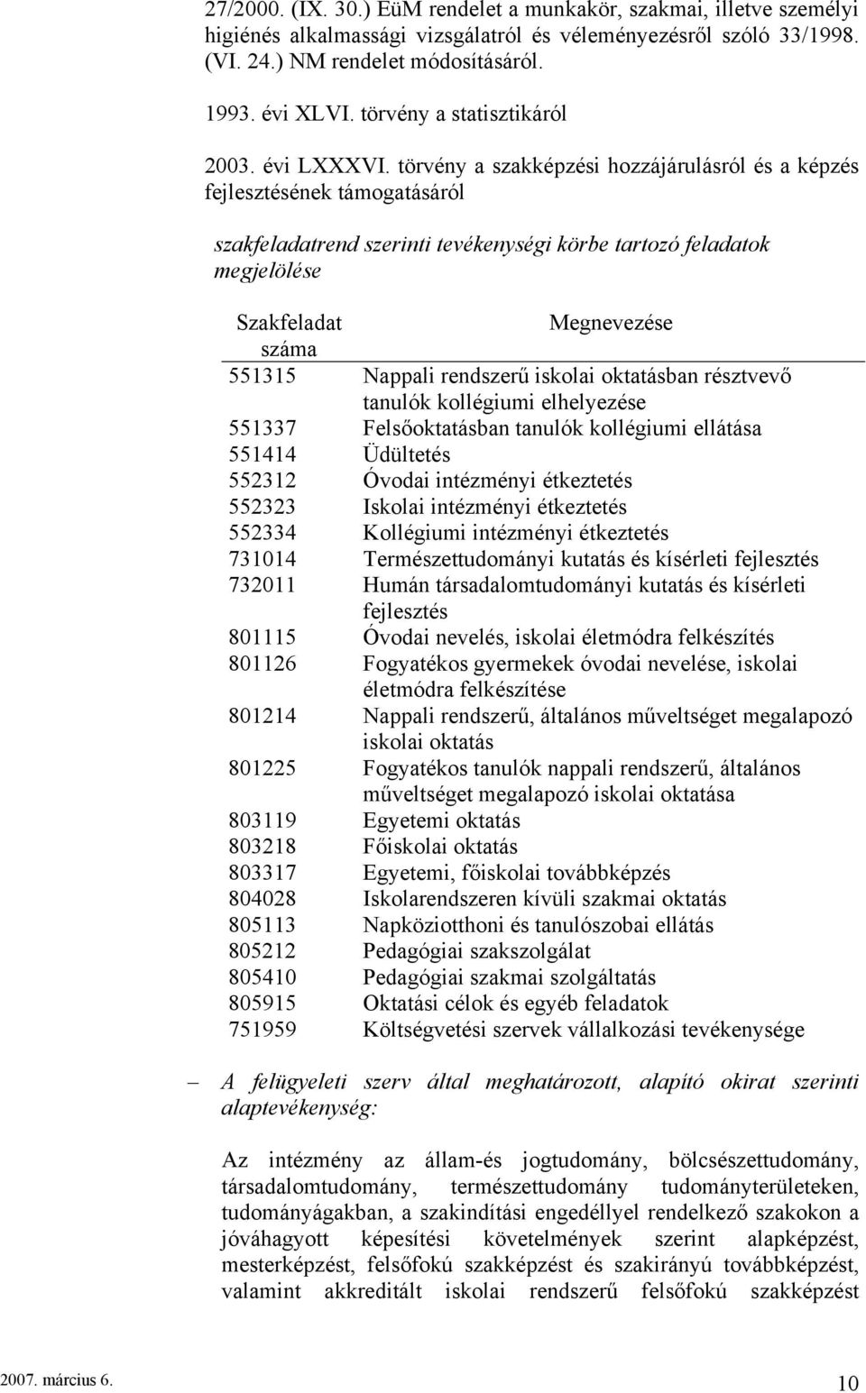 törvény a szakképzési hozzájárulásról és a képzés fejlesztésének támogatásáról szakfeladatrend szerinti tevékenységi körbe tartozó feladatok megjelölése Szakfeladat Megnevezése száma 551315 Nappali