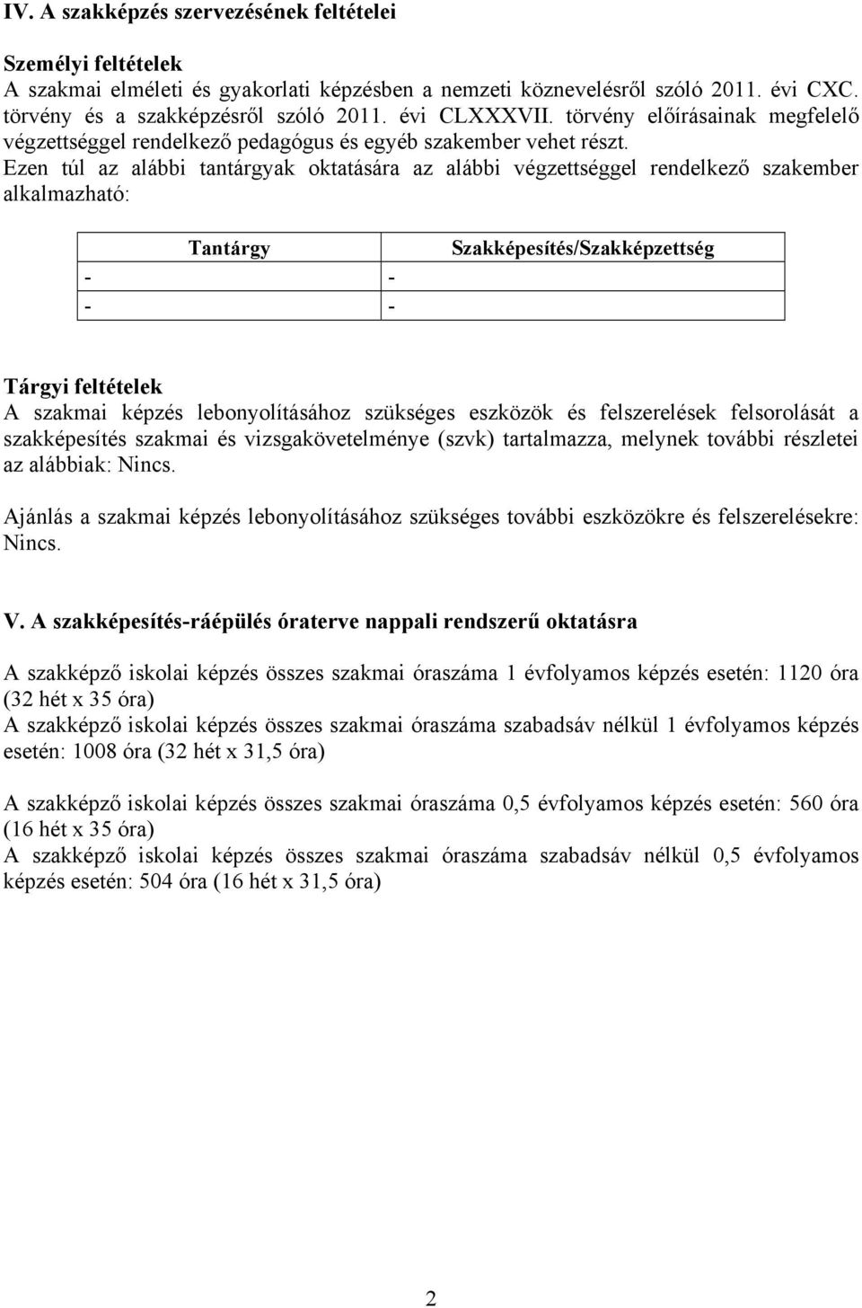 Ezen túl az alábbi tantárgyak oktatására az alábbi végzettséggel rendelkező szakember alkalmazható: Tantárgy - - - - Szakképesítés/Szakképzettség Tárgyi feltételek A szakmai képzés lebonyolításához