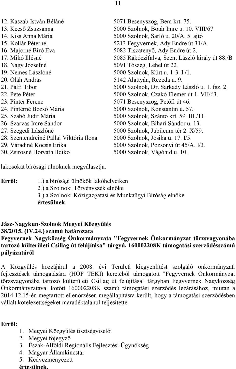 Nagy Józsefné 5091 Tószeg, Lehel út 22. 19. Nemes Lászlóné 5000 Szolnok, Kürt u. 1-3. I./1. 20. Oláh András 5142 Alattyán, Rezeda u. 9. 21. Pálfi Tibor 5000 Szolnok, Dr. Sarkady László u. 1. fsz. 2. 22. Pete Péter 5000 Szolnok, Czakó Elemér út 1.