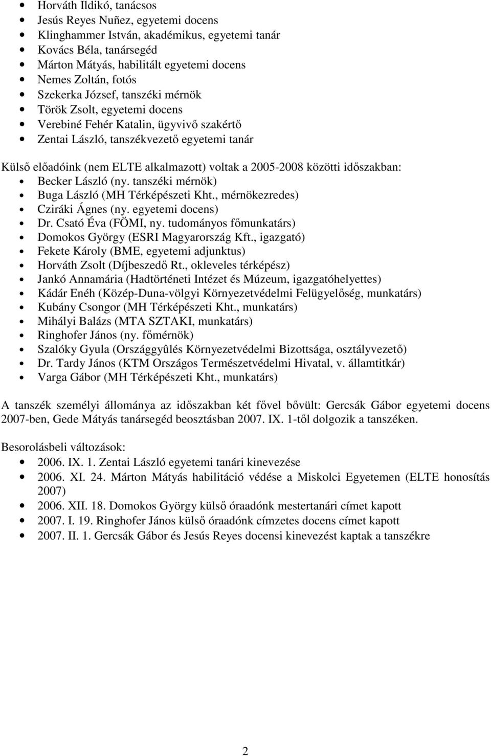 2005-2008 közötti időszakban: Becker László (ny. tanszéki mérnök) Buga László (MH Térképészeti Kht., mérnökezredes) Cziráki Ágnes (ny. egyetemi docens) Dr. Csató Éva (FÖMI, ny.