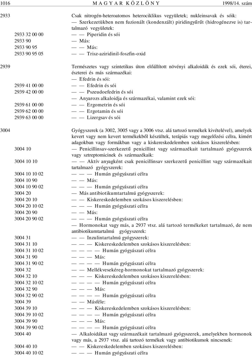 Piperidin és sói 2933 90 Más: 2933 90 95 Más: 2933 90 95 05 Trisz-aziridinil-foszfin-oxid 2939 Természetes vagy szintetikus úton el óállított növényi alkaloidák és ezek sói, éterei, észterei és más