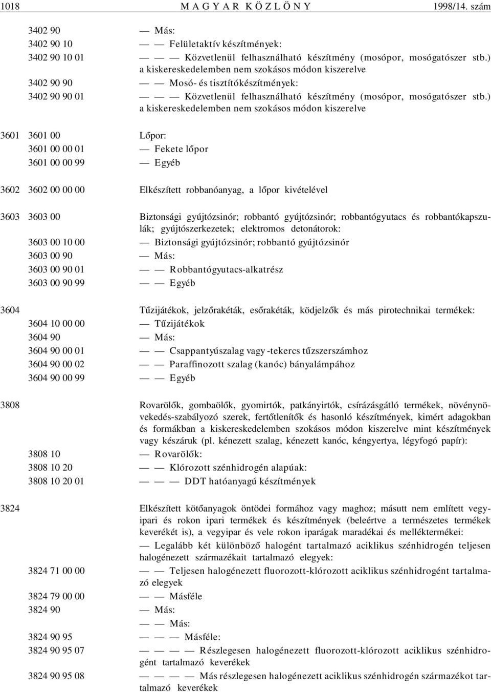 ) a kiskereskedelemben nem szokásos módon kiszerelve 3601 3601 00 L ópor: 3601 00 00 01 Fekete l ópor 3601 00 00 99 Egyéb 3602 3602 00 00 00 Elkészített robbanóanyag, a l ópor kivételével 3603 3603