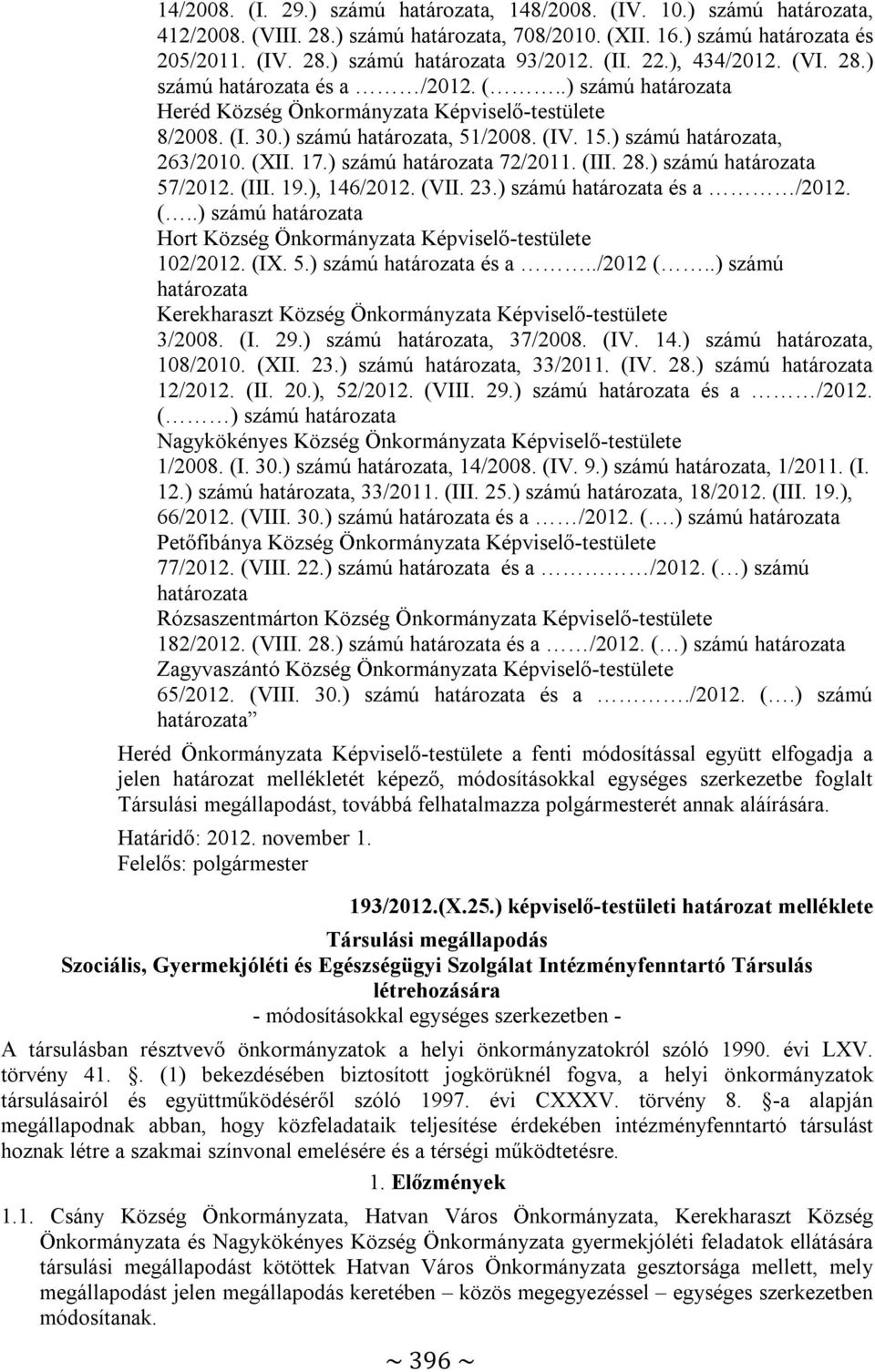 ) számú határozata, 263/2010. (XII. 17.) számú határozata 72/2011. (III. 28.) számú határozata 57/2012. (III. 19.), 146/2012. (VII. 23.) számú határozata és a /2012. (..) számú határozata Hort Község Önkormányzata Képviselő-testülete 102/2012.