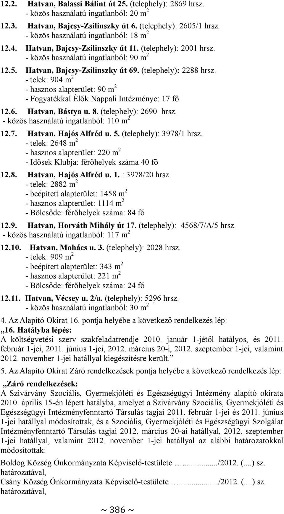 (telephely): 2288 hrsz. - telek: 904 m 2 - hasznos alapterület: 90 m 2 - Fogyatékkal Élők Nappali Intézménye: 17 fő 12.6. Hatvan, Bástya u. 8. (telephely): 2690 hrsz.