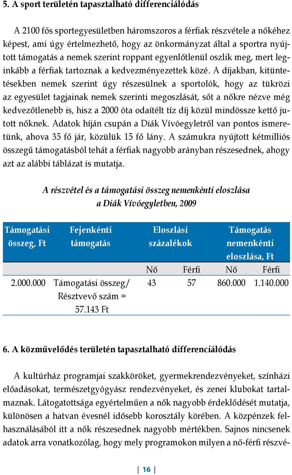 A díjakban, kitüntetésekben nemek szerint úgy részesülnek a sportolók, hogy az tükrözi az egyesület tagjainak nemek szerinti megoszlását, sőt a nőkre nézve még kedvezőtlenebb is, hisz a 2000 óta