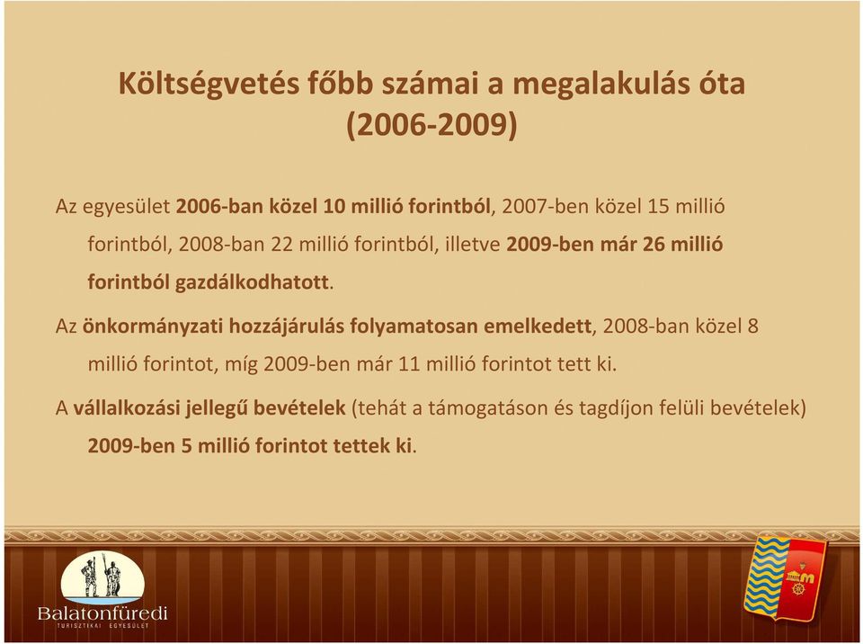 Az önkormányzati hozzájárulás folyamatosan emelkedett, 2008-ban közel 8 millió forintot, míg 2009-ben már 11 millió