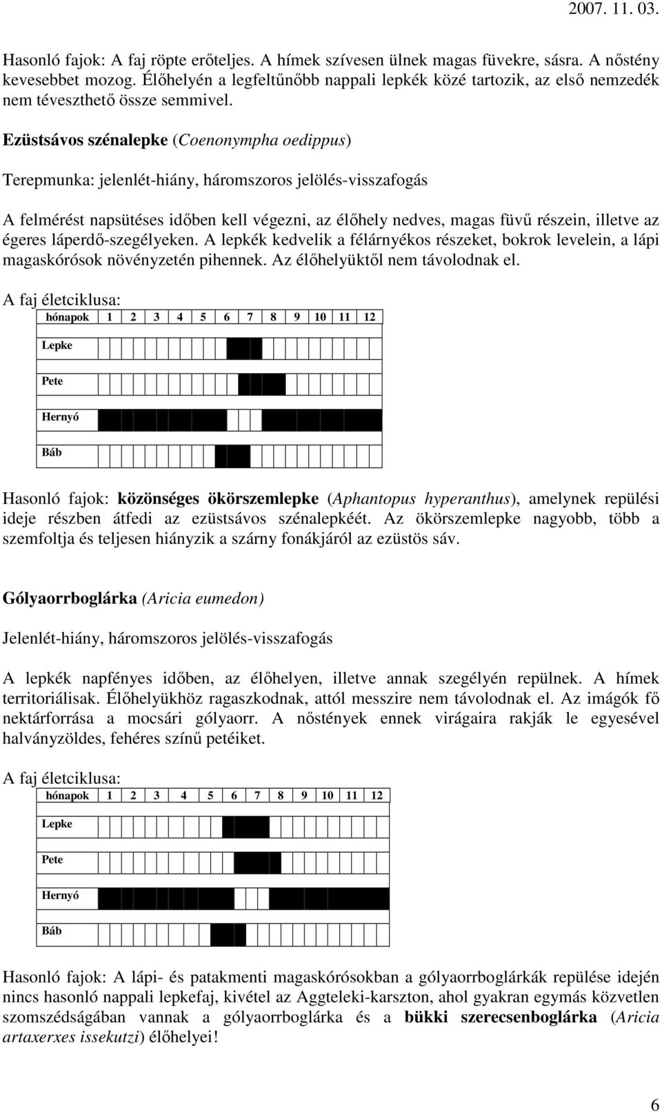 Ezüstsávos szénalepke (Coenonympha oedippus) Terepmunka: jelenlét-hiány, háromszoros jelölés-visszafogás A felmérést napsütéses idıben kell végezni, az élıhely nedves, magas füvő részein, illetve az