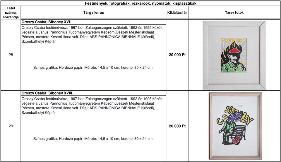 Díjai: ARS PANNONICA BIENNÁLÉ különdíj, Szombathelyi Képtár 28 20 000 Ft Színes grafika. Hordozó papír. Mérete: 14,5 x 10 cm, kerettel 30 x 24 cm. Oroszy Csaba: Siboney XVIII.