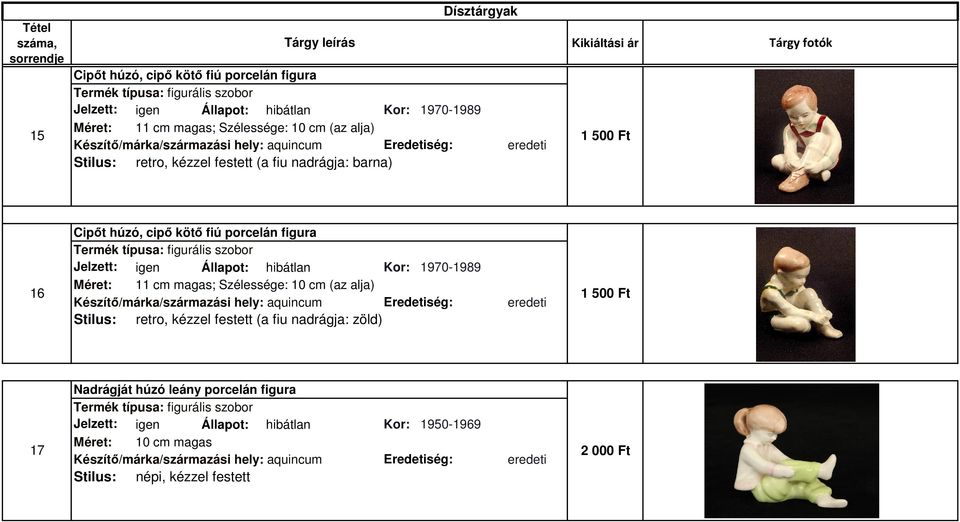 igen Állapot: hibátlan Kor: 1970-1989 Méret: 11 cm magas; Szélessége: 10 cm (az alja) 16 1 Készítő/márka/származási hely: aquincum Eredetiség: eredeti Stilus: retro, kézzel festett (a fiu nadrágja: