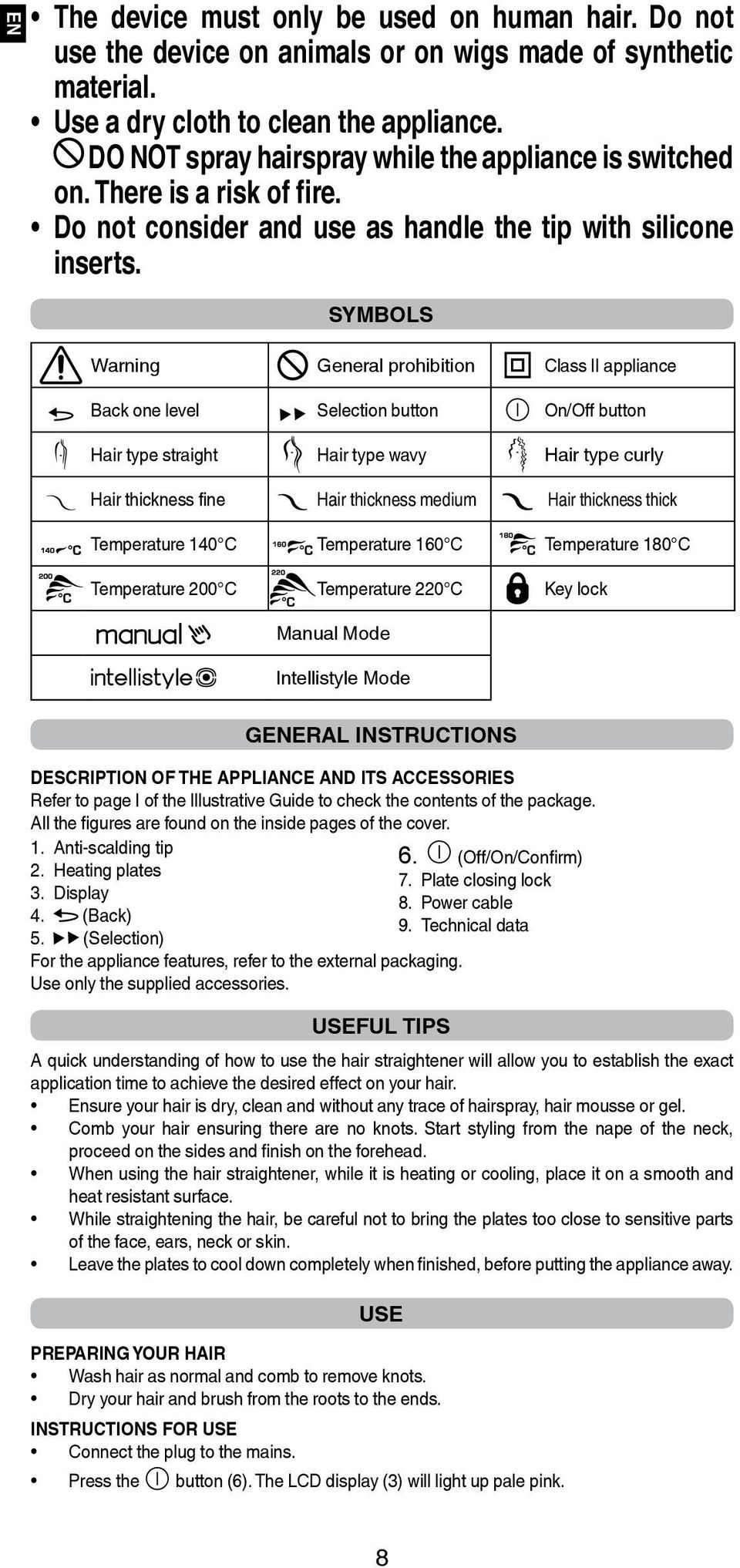 SYMBOLS Warning General prohibition Class II appliance Back one level Selection button On/Off button Hair type straight Hair type wavy Hair type curly Hair thickness fine Hair thickness medium Hair