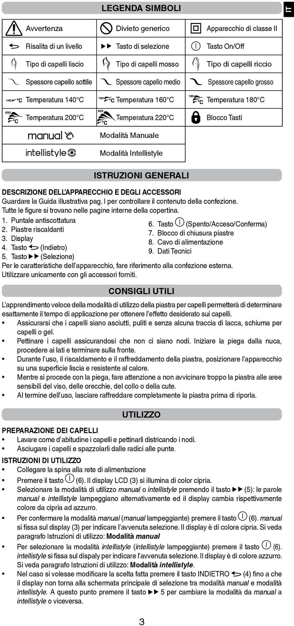 Modalità Intellistyle ISTRUZIONI GENERALI DESCRIZIONE DELL APPARECCHIO E DEGLI ACCESSORI Guardare la Guida illustrativa pag. I per controllare il contenuto della confezione.