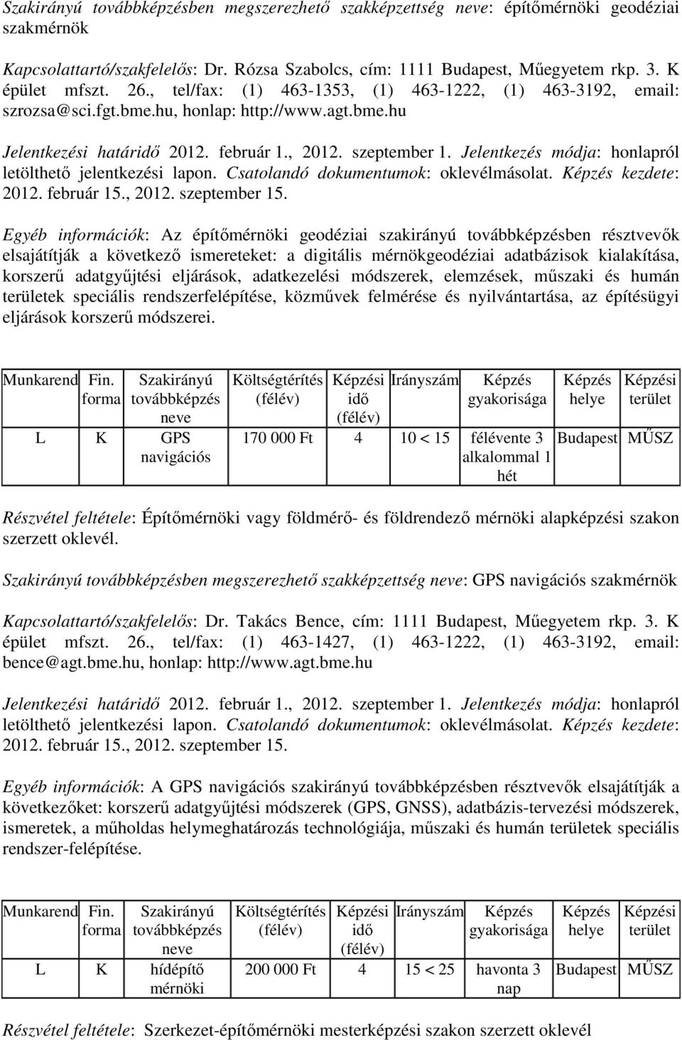 Jelentkezés módja: honlapról letölthető jelentkezési lapon. Csatolandó dokumentumok: oklevélmásolat. kezdete: 2012. február 15.