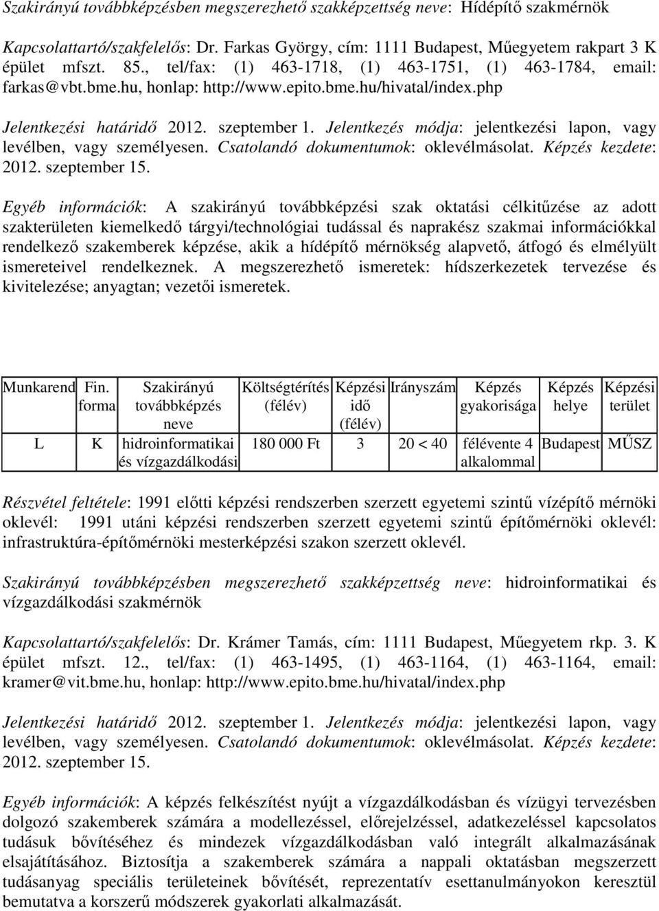 Jelentkezés módja: jelentkezési lapon, vagy levélben, vagy személyesen. Csatolandó dokumentumok: oklevélmásolat.