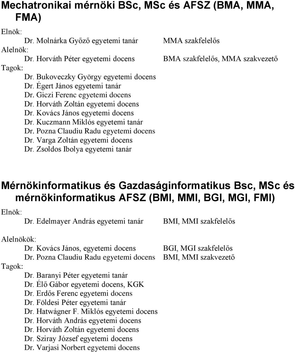 Zsoldos Ibolya egyetemi tanár MMA szakfelelős BMA szakfelelős, MMA szakvezető Mérnökinformatikus és Gazdaságinformatikus Bsc, MSc és mérnökinformatikus AFSZ (BMI, MMI, BGI, MGI, FMI) Dr.