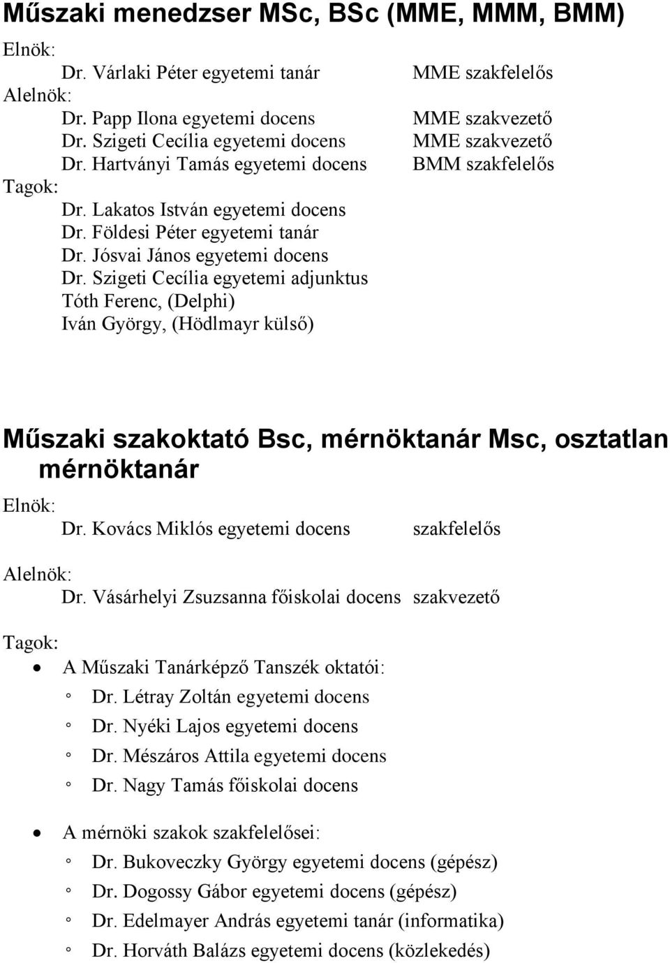 Szigeti Cecília egyetemi adjunktus Tóth Ferenc, (Delphi) Iván György, (Hödlmayr külső) MME szakfelelős MME szakvezető MME szakvezető BMM szakfelelős Műszaki szakoktató Bsc, mérnöktanár Msc, osztatlan