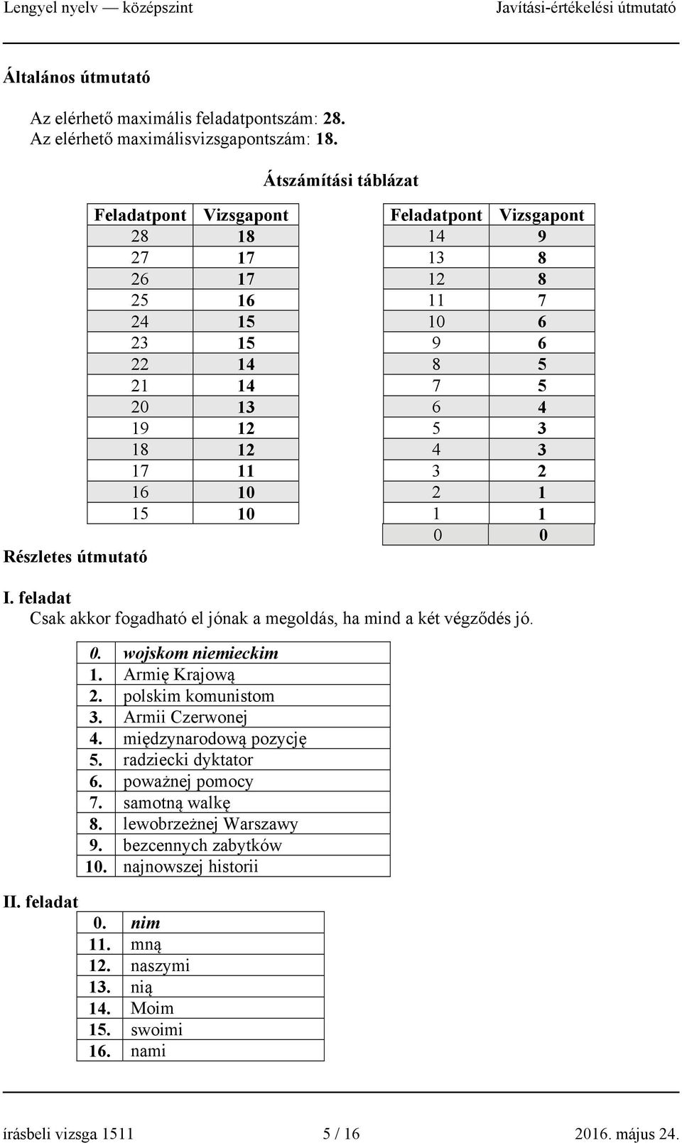 16 10 2 1 15 10 1 1 0 0 Részletes útmutató I. feladat Csak akkor fogadható el jónak a megoldás, ha mind a két végződés jó. 0. wojskom niemieckim 1. Armię Krajową 2. polskim komunistom 3.