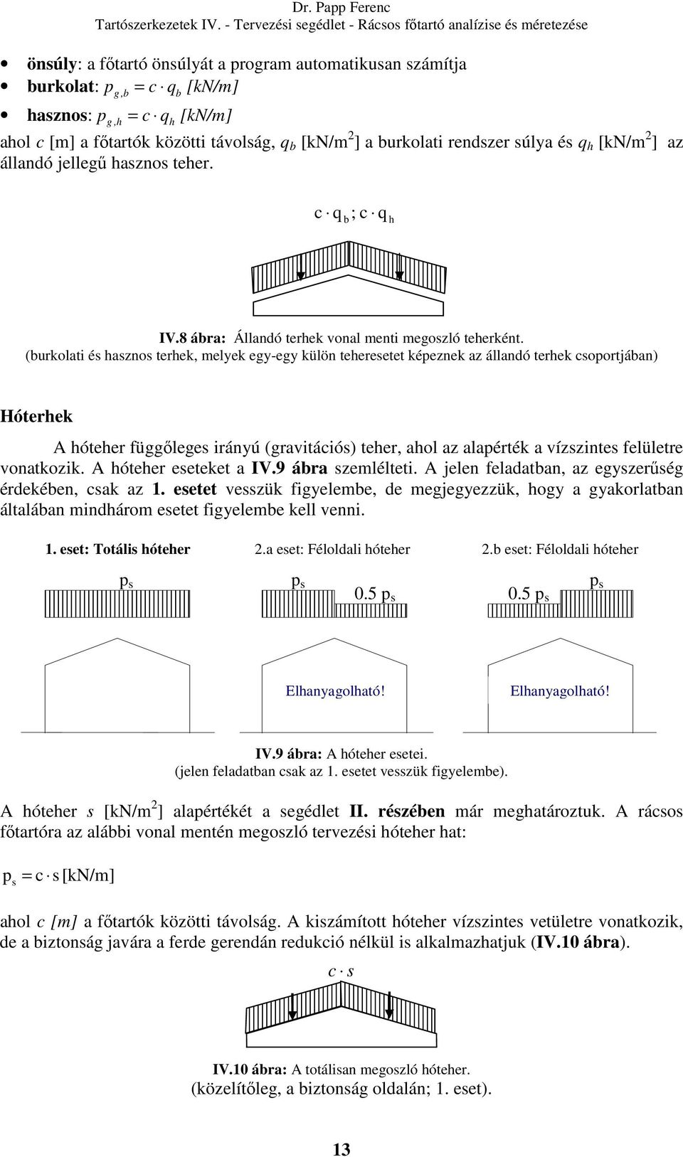 (burkolati és hasznos terhek, melyek egy-egy külön teheresetet képeznek az állandó terhek csoportjában) Hóterhek A hóteher függőleges irányú (gravitációs) teher, ahol az alapérték a vízszintes