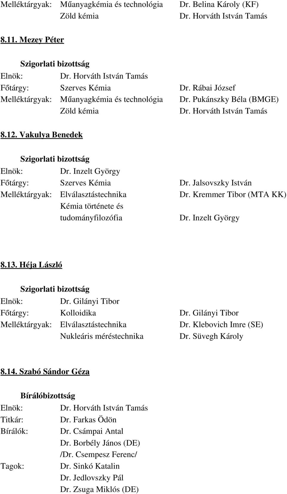 Jalsovszky István Melléktárgyak: Elválasztástechnika Dr. Kremmer Tibor (MTA KK) Kémia története és tudományfilozófia Dr. Inzelt György 8.13. Héja László Dr. Gilányi Tibor Főtárgy: Kolloidika Dr.