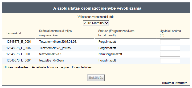 4. ábra A menüpontra kattintva a megjelenő felületen az adott vonatkozási időszak (év, hónap) kiválasztását követően a rendszer egy táblázatot generál, amely a termékkódon, a számlakonstrukció teljes