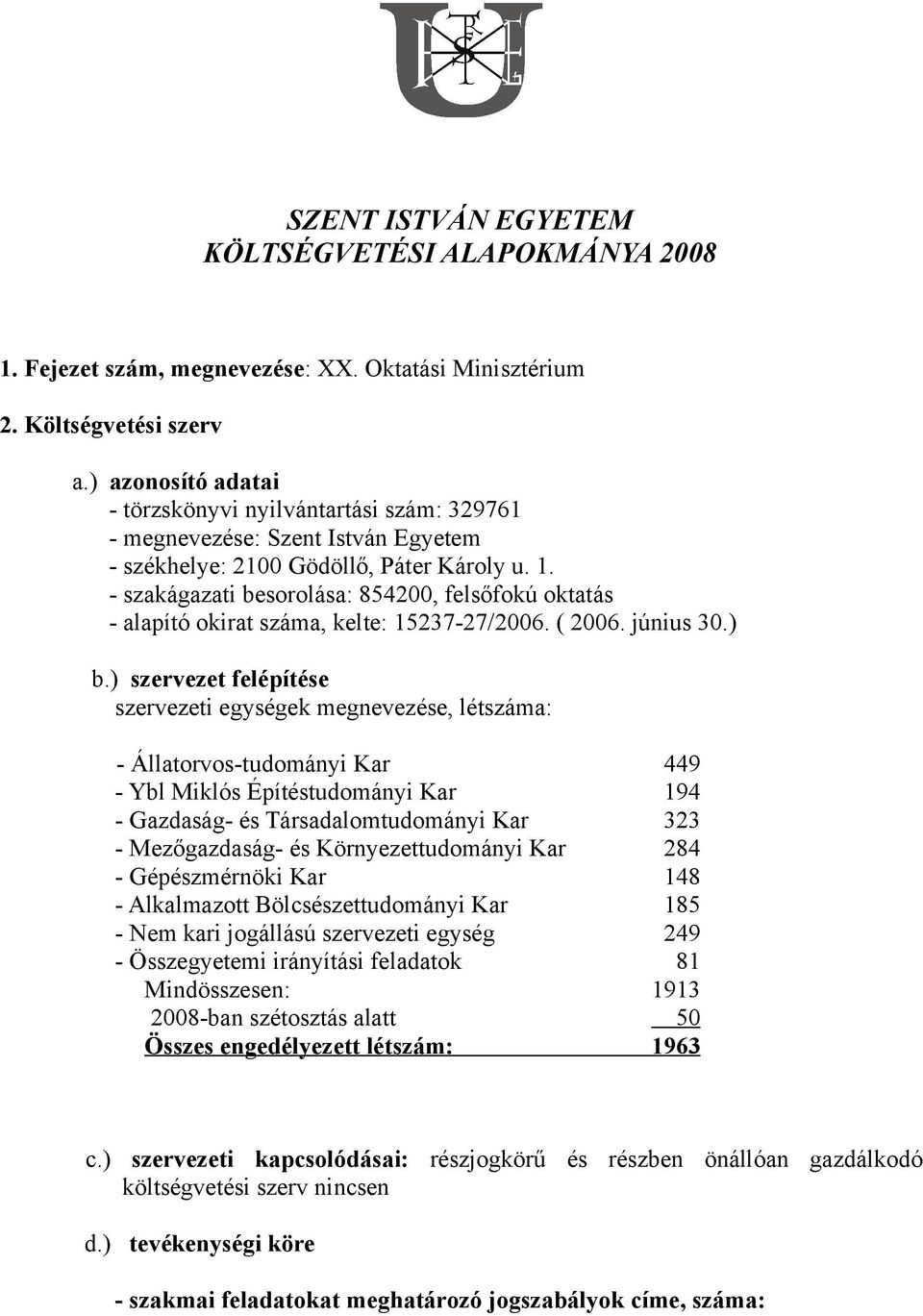 - szakágazati besorolása: 854200, felsőfokú oktatás - alapító okirat száma, kelte: 15237-27/2006. ( 2006. június 30.) b.