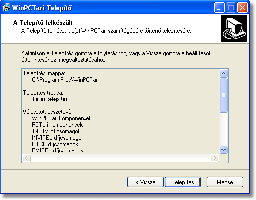 A WinPCTari program 8 Még egyszer ellenőrizheti a telepítő beállításait.