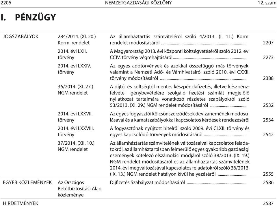 rendelet módosításáról... 2207 A Magyarország 2013. évi központi költségvetéséről szóló 2012. évi CCIV. törvény végrehajtásáról.