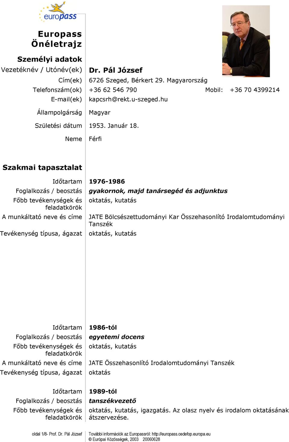 Neme Férfi Szakmai tapasztalat 1976-1986 gyakornok, majd tanársegéd és adjunktus, kutatás JATE Bölcsészettudományi Kar Összehasonlító Irodalomtudományi