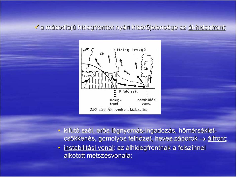csökkenés, gomolyos felhőzet, heves záporok álfront; instabilitási