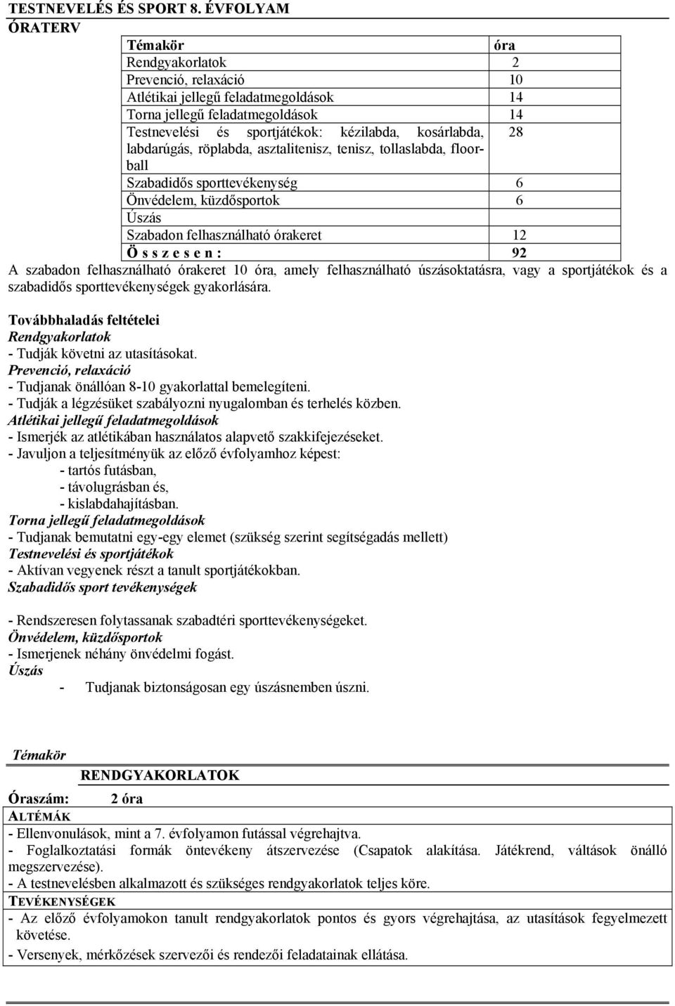 labdarúgás, röplabda, asztalitenisz, tenisz, tollaslabda, floorball Szabadidős sporttevékenység 6 Önvédelem, küzdősportok 6 Úszás Szabadon felhasználható órakeret 12 Összesen: 92 A szabadon