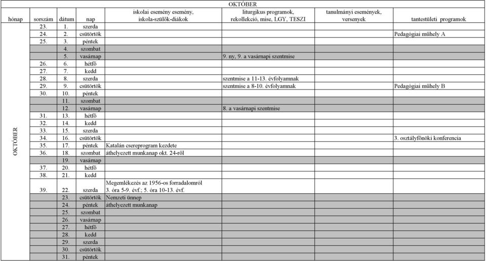 csütörtök 3. osztályfőnöki konferencia 35. 17. péntek Katalán csereprogram kezdete 36. 18. szombat áthelyezett munkanap okt. 24-ről 19. vasárnap 37. 20. hétfő 38. 21. kedd 39. 22.