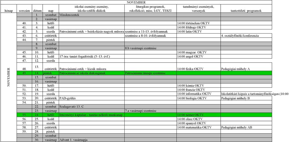 szombat 9. vasárnap 8.b vasárnapi szentmise 45. 10. hétfő 14:00 magyar OKTV 46. 11. kedd 17 óra: tanári fogadóórák (5 13.