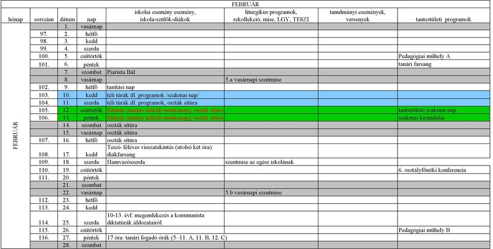 csütörtök Sítúrák (tanítás nélküli munkanap), oszták sítúra tantestületi szakmai nap 106. 13. péntek Sítúrák (tanítás nélküli munkanap), oszták sítúra szakmai kirándulás 14. szombat oszták sítúra 15.