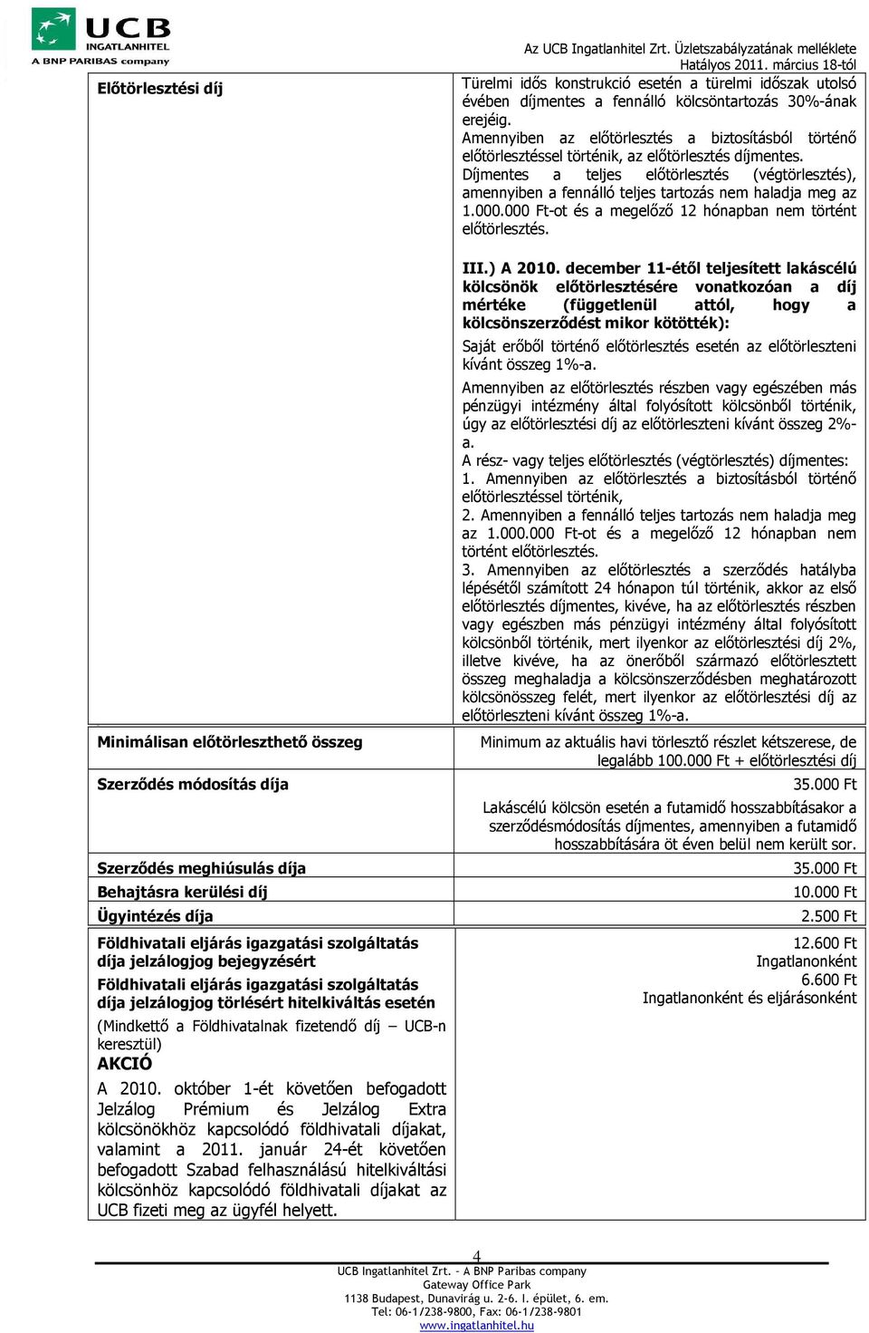 kapcsolódó földhivatali díjakat, valamint a 2011. január 24-ét követően befogadott Szabad felhasználású hitelkiváltási kölcsönhöz kapcsolódó földhivatali díjakat az UCB fizeti meg az ügyfél helyett.