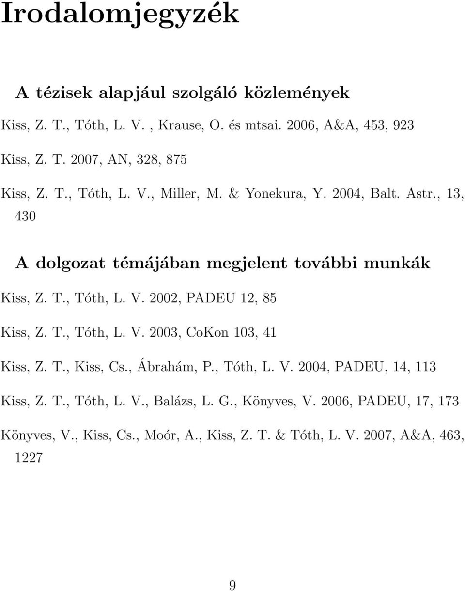 T., Tóth, L. V. 2003, CoKon 103, 41 Kiss, Z. T., Kiss, Cs., Ábrahám, P., Tóth, L. V. 2004, PADEU, 14, 113 Kiss, Z. T., Tóth, L. V., Balázs, L. G.