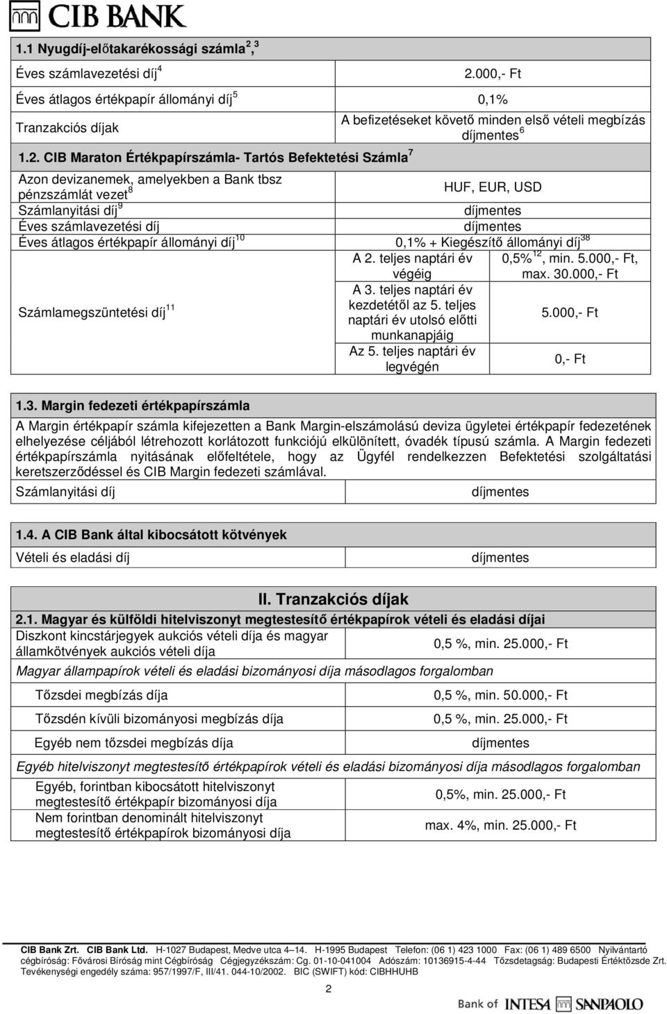 000,- Ft Éves átlagos értékpapír állományi díj 5 0,1% Tranzakciós díjak 1.2.