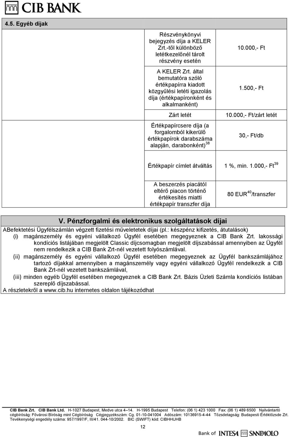 darabonként) 38 10.000,- Ft 1.500,- Ft 10.000,- Ft/zárt letét 30,- Ft/db Értékpapír címlet átváltás 1 %, min. 1.000,- Ft 39 A beszerzés piacától eltérő piacon történő értékesítés miatti értékpapír transzfer díja 80 EUR 40 /transzfer V.